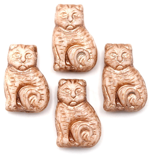 4pc 17x11mm Czech Pressed Glass Sitting Cat Beads, Alabaster/Champagne Wash