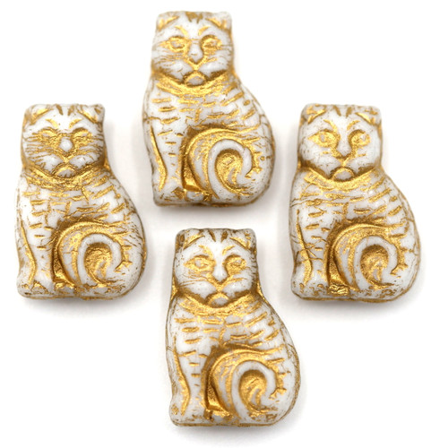 4pc 17x11mm Czech Pressed Glass Sitting Cat Beads, Alabaster/Gold Wash