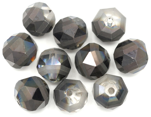 10pc Approx. 12mm Crystal Matte-Striped Faceted Round Beads, Metallic Black Vitrail