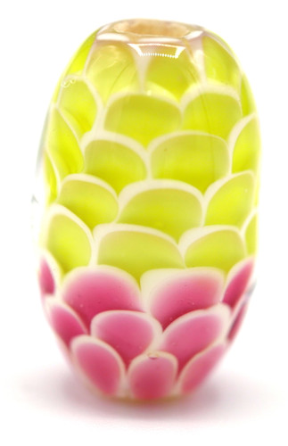 Approx. 10x15mm Lampwork Art Glass Barrel Bead, Dark Pink/Yellow -Green Petals
