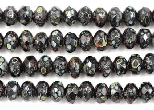 4.7" Strand (Approx. 30pc) 5x3mm Czech Fire-Polished Glass Faceted Rondelle Beads, Jet/Picasso