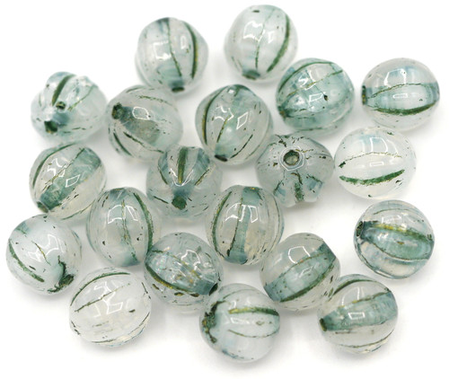 20pc 6mm Czech Pressed Glass Fluted Melon Beads, Crystal/White Swirl/Green Wash