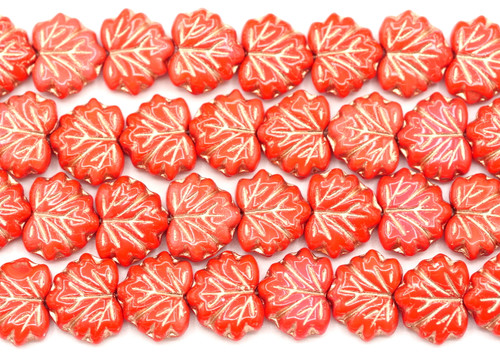 12pc Strand 11x13mm Czech Pressed Glass Maple Leaf Beads, Scarlet/Rose Gold Wash