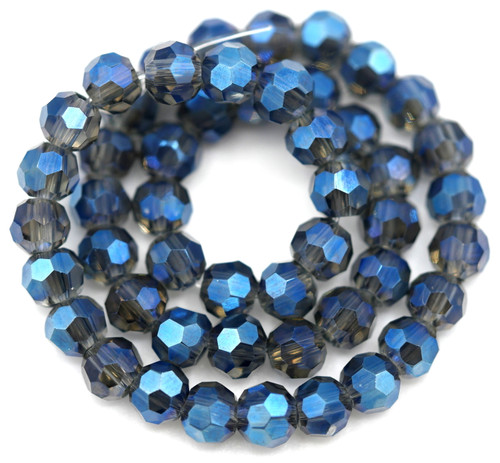 Approx. 7” Strand 4mm Faceted Crystal Round Beads, Marine Blue