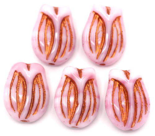 5pc 16x11mm Czech Pressed Glass Tulip Beads, Pink-White Swirl/Copper Luster