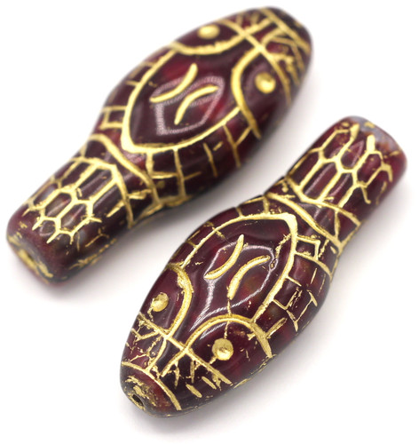 2pc 29x11.5mm Czech Pressed Glass Snake Head Beads, Multi Red-Black-White Swirl/Gold Wash