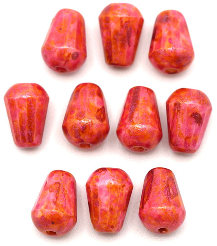 10pc 8x6mm Czech Fire-Polished Glass Faceted Drop Beads, Alabaster/Chili Pink