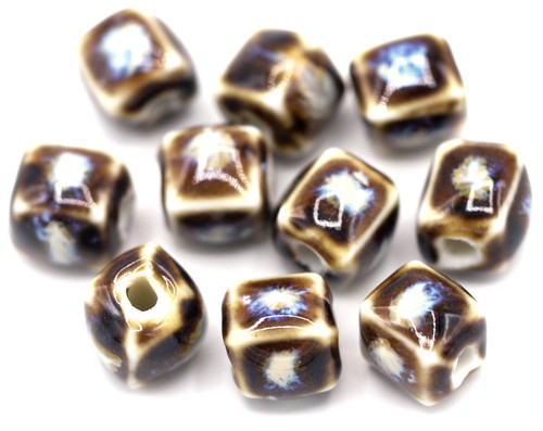 10pc Approx. 8x7.5mm Handmade Porcelain Cube Beads, Brown Multi