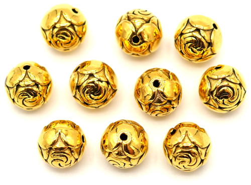 10pc 8.5mm Rosebud Round Spacer Beads, Antique Golden