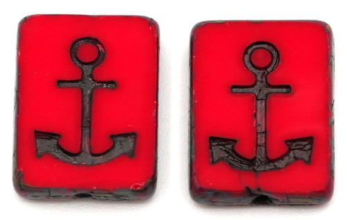 2pc 15x12mm Czech Table-Cut Glass Anchor Rectangle Beads, Opaque Red/Jet Vintage Luster