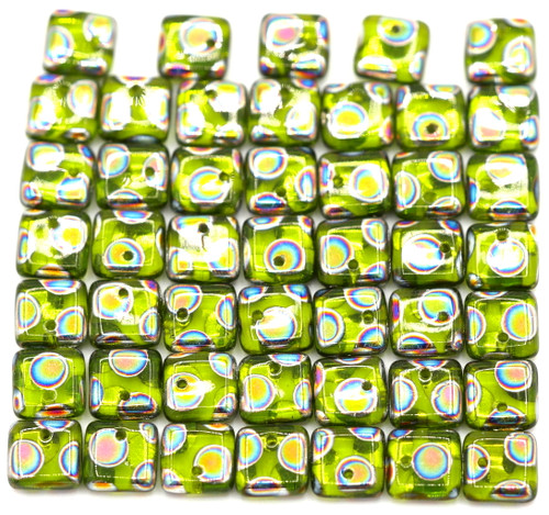 Approx. 10-Gram Bag of 6mm Czech Pressed Glass Top-Drilled Flat Square Beads, Olive/Peacock Vitrail Dots