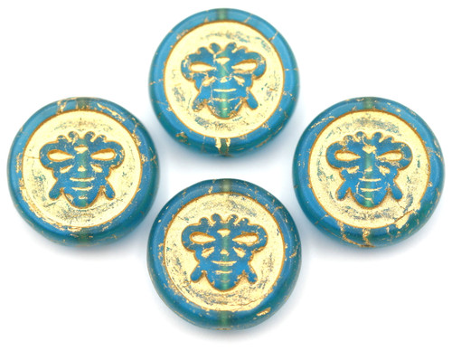 4pc 14mm Czech Pressed Glass Bee Coin, Matte Aqua/Gold Wash