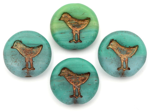 4pc 12mm Czech Pressed Glass Bird Coin Beads, Ombre Teal-Green-Grey/Bronze Wash