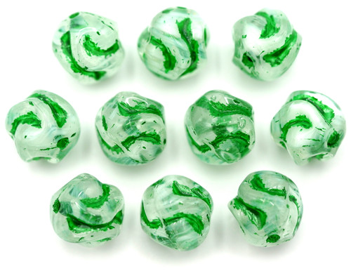 10pc 8mm Czech Pressed Glass Swirled Ripple Round Beads, Crystal/White Swirl/Green Wash