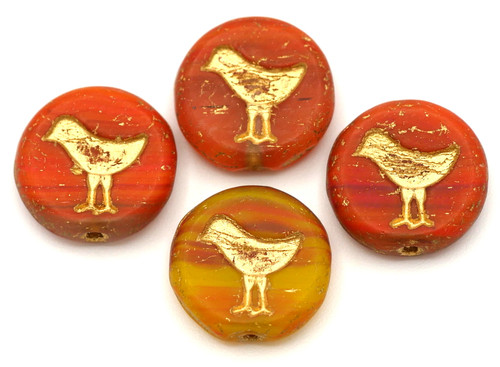 4pc 12mm Czech Pressed Glass Bird Coin Beads, Ombre Orange-Yellow/Gold Wash