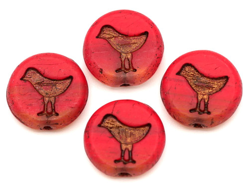 4pc 12mm Czech Pressed Glass Bird Coin Beads, Ombre Red/Bronze Wash