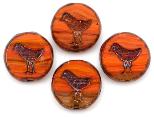 4pc 12mm Czech Table-Cut Glass Bird Coin Beads, Crystal-Striated Orange/Picasso Wash