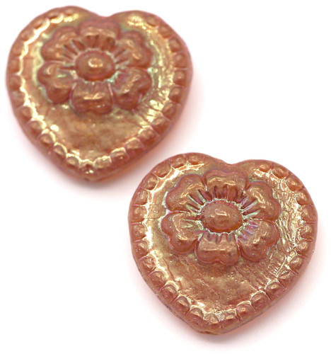 2pc 17mm Czech Pressed Glass Heart with Flower Beads, Crystal/Full Apricot