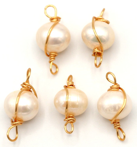 5pc Approx. 16x7-8mm Gold-Plated Copper Wire-Wrapped Freshwater Pearl Links