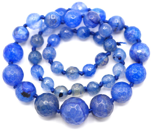 Approx. 19" Strand 8-16mm Faceted Agate Graduated Round Beads, Deep Blue Crackle