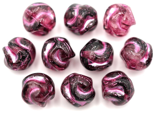 10pc 8mm Czech Pressed Glass Swirled Round Beads, Crystal/Deep Violet Swirl/Pink Wash