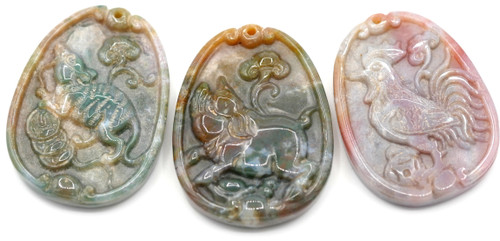 RANDOM PICK-- 1pc Approx. 43mm Hand-Carved Fancy Jasper Oval Zodiac Animal Pendant