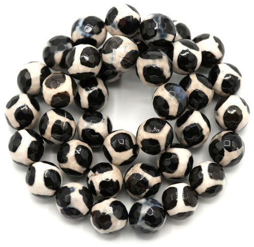 Approx. 15" Strand 10mm Dzi-Style Faceted Agate Round Beads, Ivory/Jet