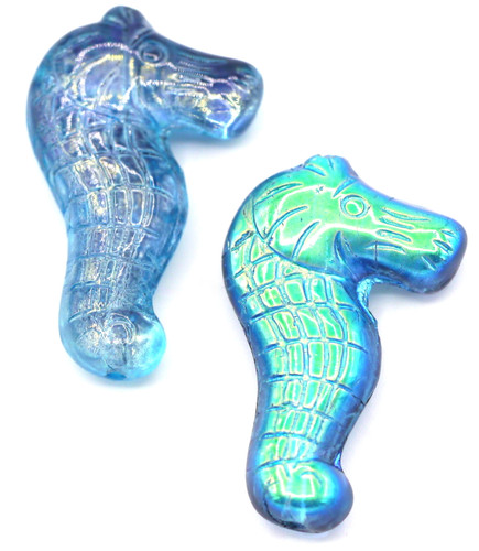 2pc 28x18mm Czech Pressed Glass Seahorse Beads, Light Sapphire/AB Mix