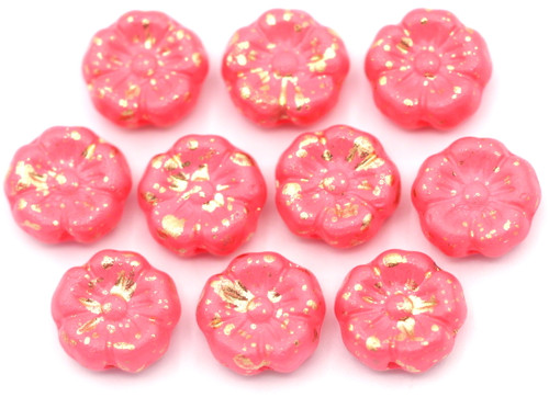 10pc 8mm Czech Pressed Glass Hawaiian Flower Beads, Opaque Pink/Golden Rain