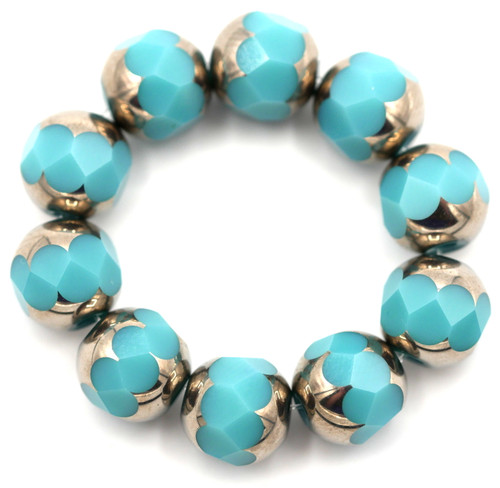 10pc 8mm Cathedral-Style Faceted Glass Round Beads, Turquoise/Silver