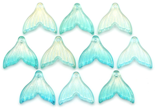 10pc 20mm Pressed Glass Mermaid Tail Charms, Crystal-Aqua Ombre/Gold Shimmer