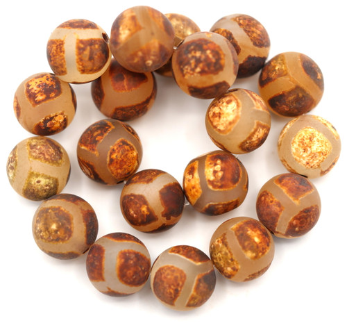 Approx. 7" Strand 10mm Dzi Agate Round Beads, Matte Crystal/Brown Tortoiseshell Pattern