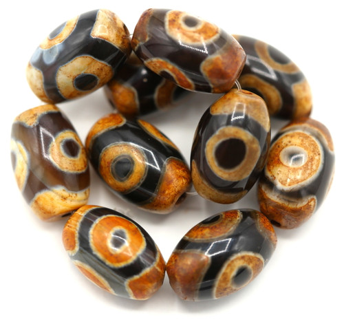 10pc Strand Approx. 12x8mm Dzi-Style Agate Barrel Beads, Brown Eye Pattern