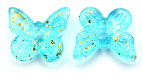 10pc 7x11mm Glass Butterfly Beads, Aqua/Gold Speckle