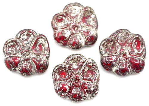 4pc 15mm Czech Pressed Glass Primrose Flower Beads, Opaque Red/Picasso