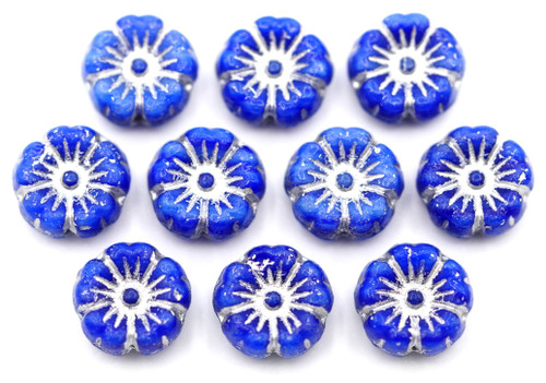 10pc 8mm Czech Pressed Glass Hawaiian Flower Beads, Opaque Indigo/Silver Wash