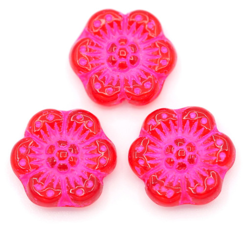 3pc 14mm Czech Pressed Glass Daisy Flower Bead, Red/Pink Wash