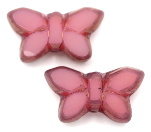 	2pc Czech Table-Cut Glass Butterfly Beads, Pink Opal/Bronze Luster