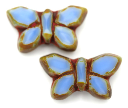 2pc Czech Table-Cut Glass Butterfly Beads, Cornflower Silk/Picasso