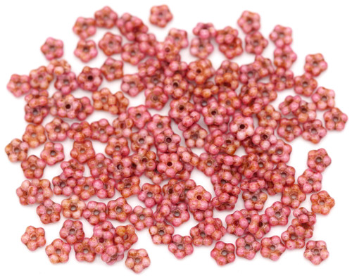 Approx. 10 Gram Bag of 5mm Czech Pressed Glass Forget-Me-Not Flower Beads, Alabaster/Chili Pink
