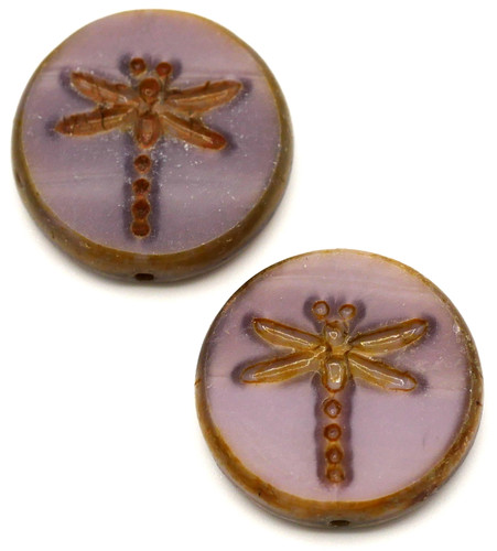 2pc 17mm Czech Table-Cut Glass Dragonfly Coin Beads, Violet Silk/Picasso