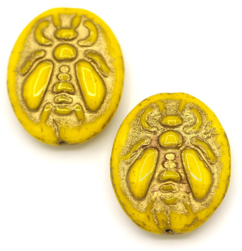 2pc 22x18mm Czech Pressed Glass Oval Bee Beads, Opaque Yellow/Gold Wash