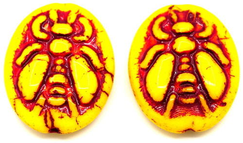 2pc 22x18mm Czech Pressed Glass Oval Bee Beads, Opaque Yellow/Red Wash