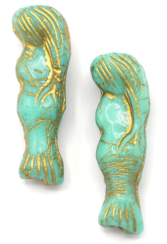 2pc 25mm Czech Pressed Glass Mermaid Beads, Turquoise/Gold Wash