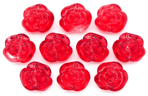 10pc 12.5x14mm Pressed Glass Rose Beads, Crystal/Red Coat