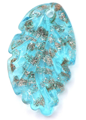 1pc 28mm Lampwork Glass Leaf Pendant, Light Blue/Gold Sparkle