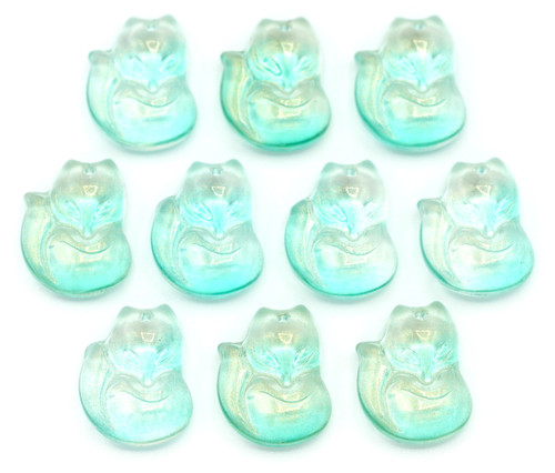 10pc 18x14mm Pressed Glass Fox Charms, Crystal/Cyan/Gold Shimmer