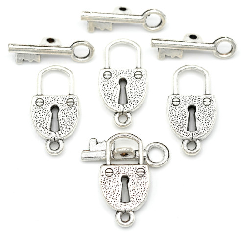 4 Sets 12x20mm Lock & Key Toggle Clasps, Antique Silver