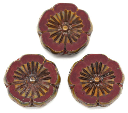 3pc 14mm Czech Table-Cut Glass Hawaiian Flower Beads, Opaque Deep Red/Picasso