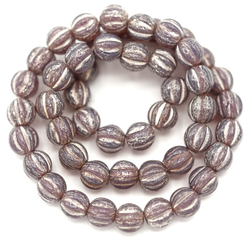 48pc Strand 4mm Czech Pressed Glass Fluted Melon Bead, Violet Opal/Pewter Wash